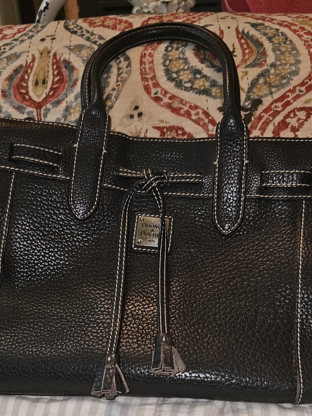 Dooney & Bourke Black Pebbled Leather Tote with Tassel Charm